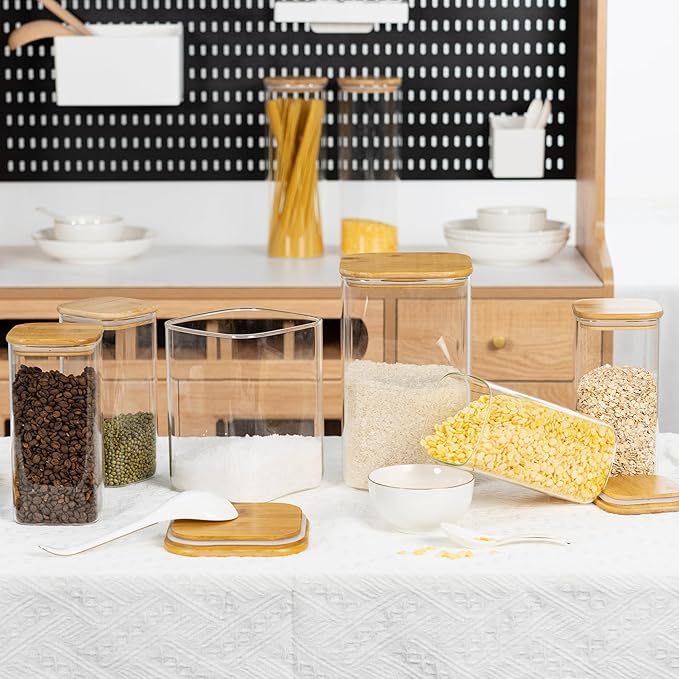 122oz Airtight Glass Square Storage Canister with Bamboo Lid Set of 1 (3600ml) Gallon Glass Jars Large Kitchen Canister for Sugar, Flour, Cookies and Coffee beans (with Black Lable)