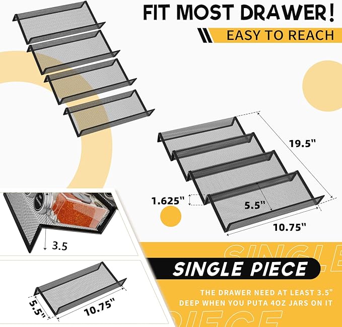Simple Trending Spice Drawer Organizer,8 Piece Metal Mesh Expandable from 10.75" to 21.5" Insert,Hold up 48 Spice Jars Kitchen Countertop Rack Tray,for Drawer Countertop Jars not included