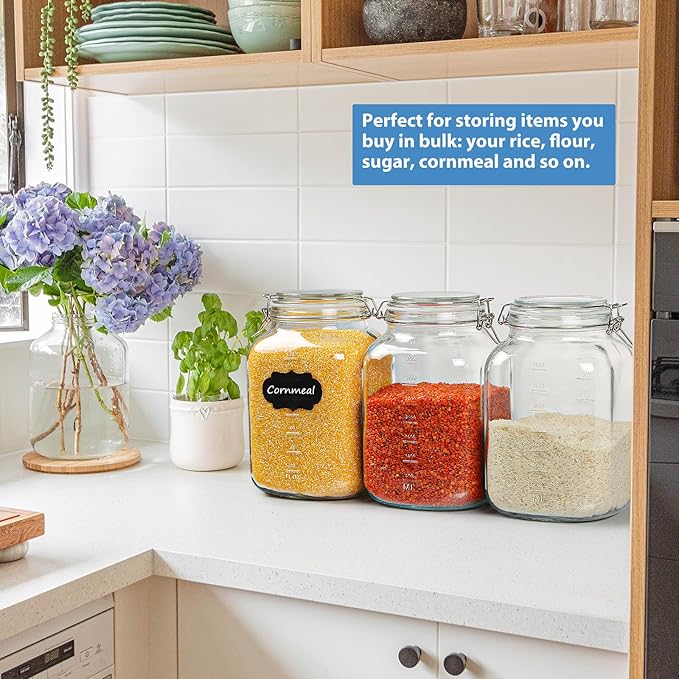 2 Pack 1 Gallon Square Super Wide-Mouth Glass Jars with Airtight Lids - Glass Storage Jars with 2 Measurement Mark - Canning Jars with Large Capacity, Sturdy For Canning, Overnight Oats, 4200 ML