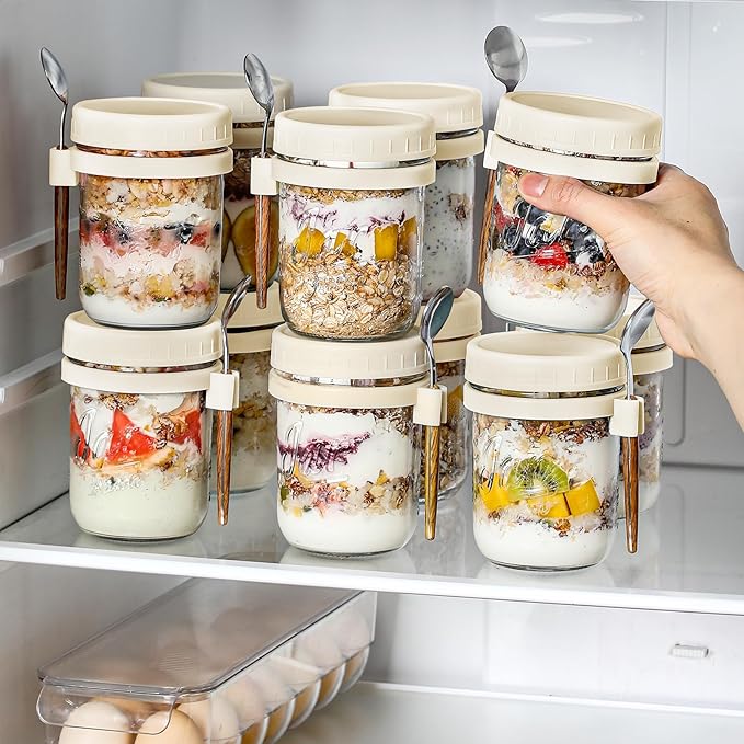 LANDNEOO 6 Pack Overnight Oats Containers with Lids and Spoons, 16 oz Glass Mason Overnight Oats Jars, Large Capacity Airtight Jars for Milk, Cereal, Fruit(Beige