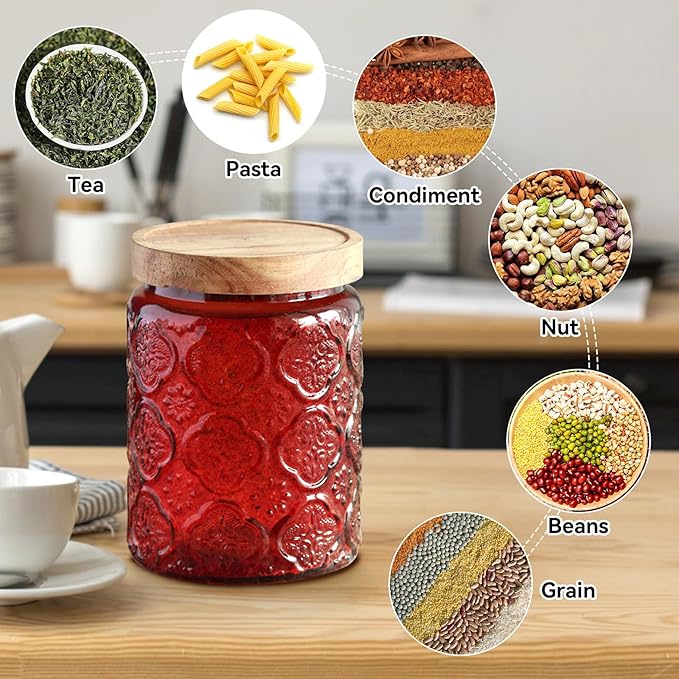 Vintage Glass Jar with Lid,Cookie Candy Jar Coffee Canister Food Storage Containers Storage Jar Set for Kitchen Office (Red birchapple flowers - acacia)