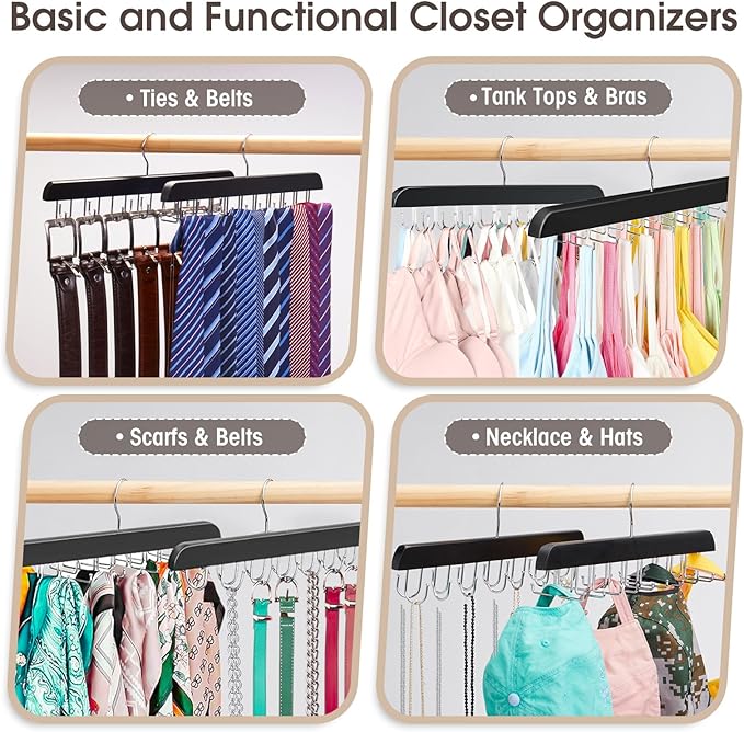 1 Tie Rack & 1 Belt Hanger for Closet, Wooden Tie Hanger for Men with 20 Hooks & Belt Organizer with 14 Hooks, 2 Pack Multi Functional Storage Organizer, Space-Saving