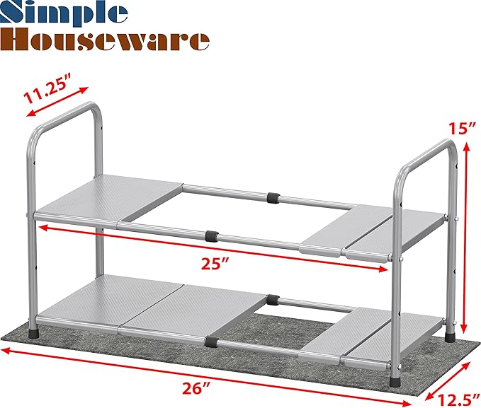 Simple Houseware Under Sink 2 Tier Expandable Heavy Duty Metal Shelf Organizer Rack, Silver (Expand from 15 to 25 inches)