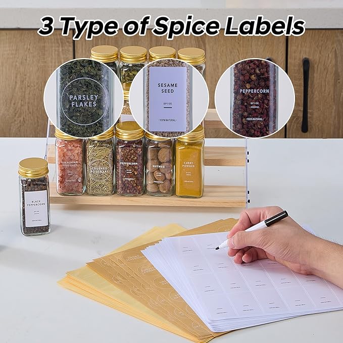 24 Pcs Glass Spice Jars with 576 Labels, 4oz Empty Square Spice Containers,Seasoning Bottles with Gold Metal Caps - Shaker Lids, Funnel and Chalk Pen Included