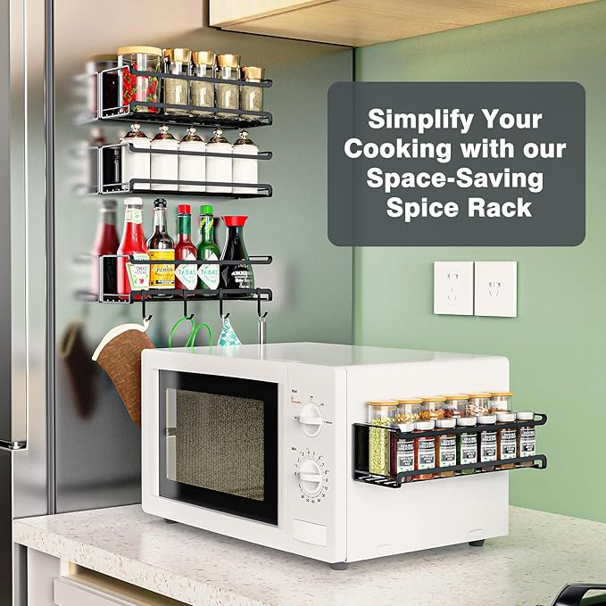 Magnetic Spice Rack 4 Pack,Strong Magnetic Shelf for Refrigerator with 4 Removable Hooks,Magnetic Refrigerator Organizer, Spice and Seasoning Organizer Gadgets