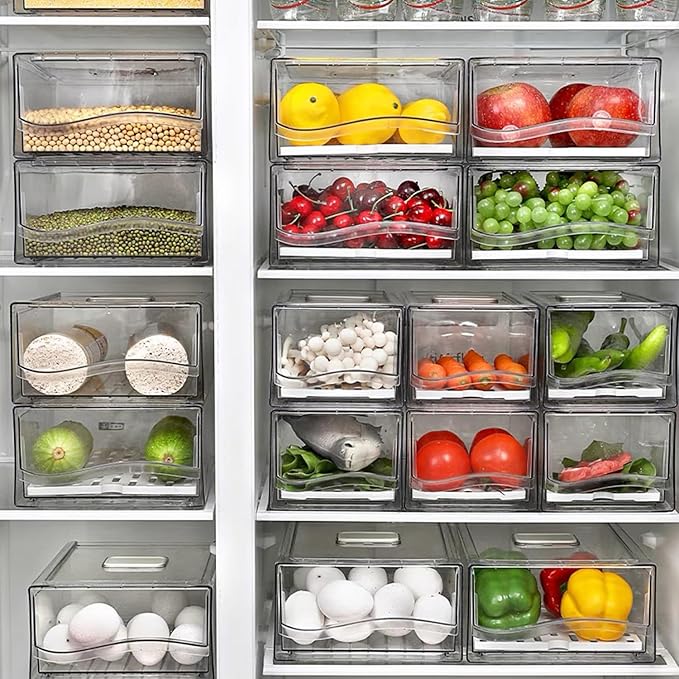 Diskary Fridge Organizer, Stackable Refrigerator Organizer Bins, Reusable Food Storage Containers, Fridge Drawer Organizer in Home Kitchen, Barbecue Shop, Restaurant, BPA-Free (2 Drawers, Large)