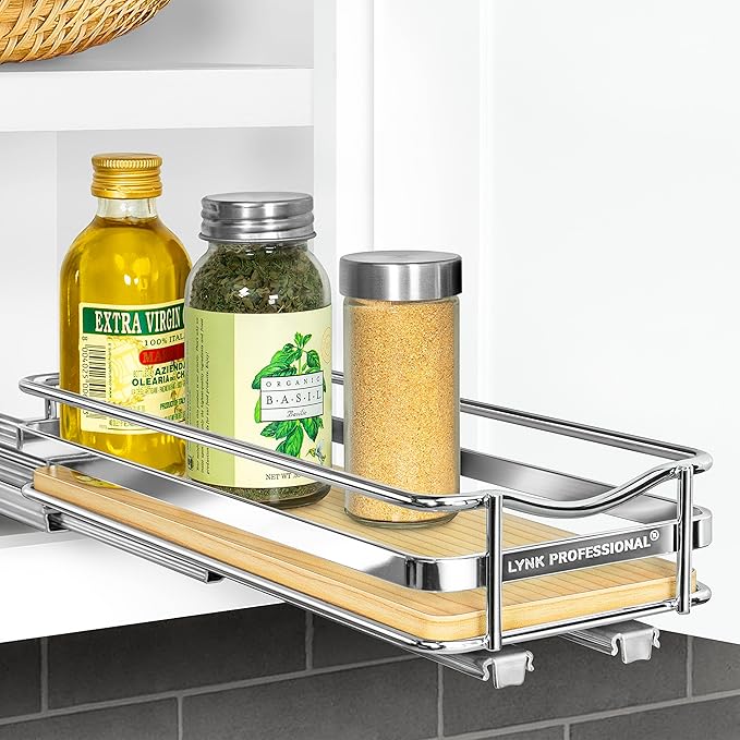LYNK PROFESSIONAL® Élite™ Pull Out Spice Rack Organizer for Inside Kitchen Cabinets - 4-1/4 inch Wide - Slide Out Drawer – Wood/Chrome Sliding Spice Cabinet Organization Shelf Racks - 1 Tier