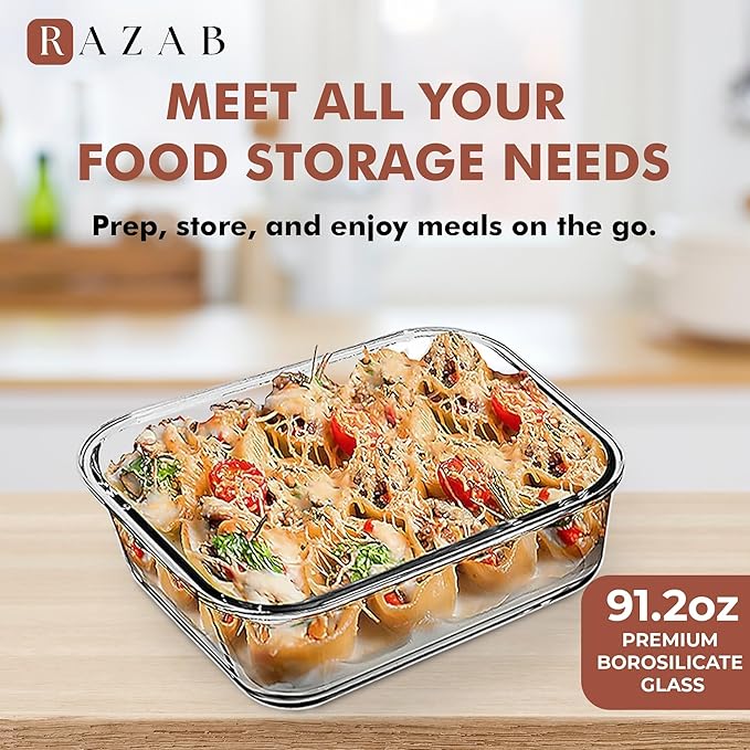 Razab 2700ml / 92 Oz / 11 Cups Large Glass Food Storage Containers with Lids - Leakproof, BPA-Free Glass Meal Prep Container Ideal for Baking, Casseroles & Leftovers - Oven, Freezer, Microwave Safe