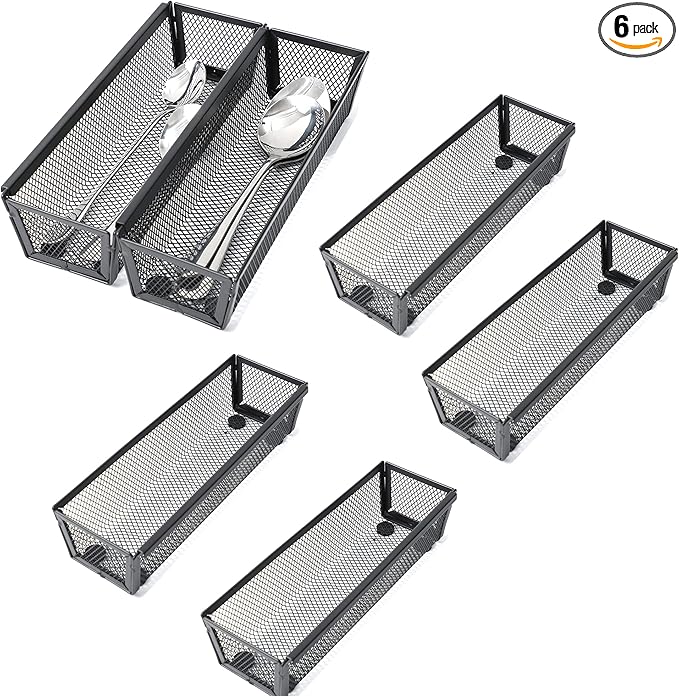 Silverware Organizer,Mesh Cutlery silverware Tray for Drawer,Tool tray organizer,Utensil Flatware Tableware Organizer for Kitchen,Office,with Non-slip,Fits Standard Drawer,(9X3 IN) 6PSC,Black