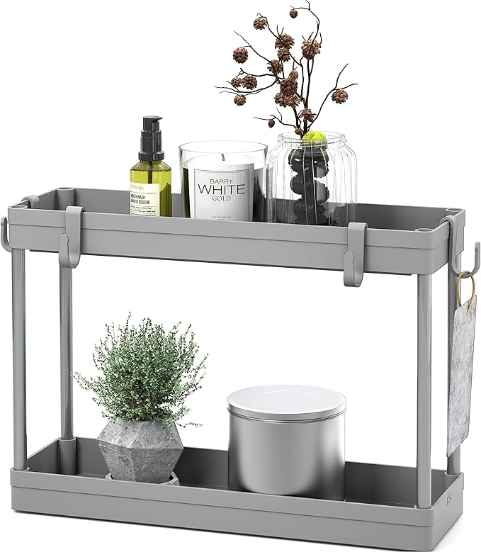 Simple Houseware 2-Tier Under Sink Organizer Storage Tray with Hooks, Grey