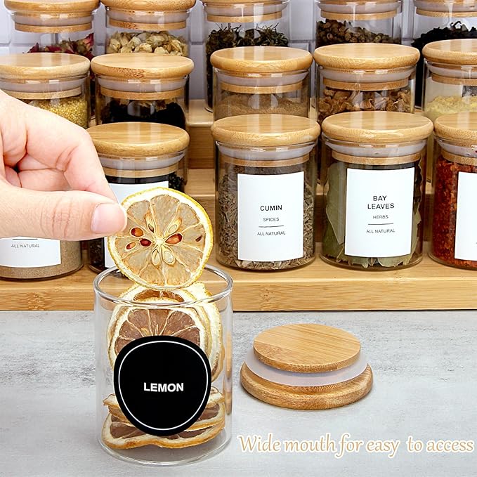 4OZ Glass Spice Jars with Bamboo Lids and 315 Labels, 24 Pcs Clear Food Storage Containers for Kitchen Sugar Salt Coffee Tea Beans
