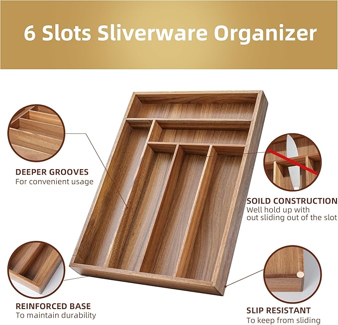 Silverware Organizer Kitchen Drawer Organizer Utensil Organizer Acacia Silverware Holder Cutlery Organizer in Drawer Flatware Organizer Tray(6 slots, Acacia