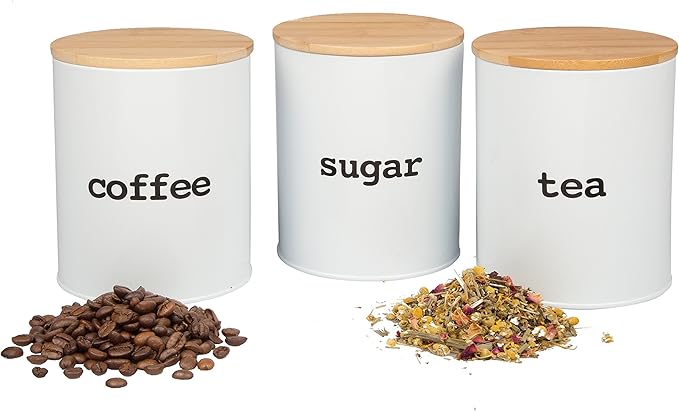 Kitchen Canister Set with Air Tight Bamboo Lids- 3 Food Storage Containers for Coffee, Tea and Sugar