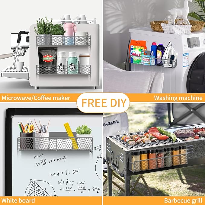 Magnetic Spice Rack for Refrigerator, 6 Pack Metal Magnetic Shelf Grey, Moveable Spice Organizer, Strong Magnetic Storage Fridge Organizer with Paper Towel Holder, Utensils Holder