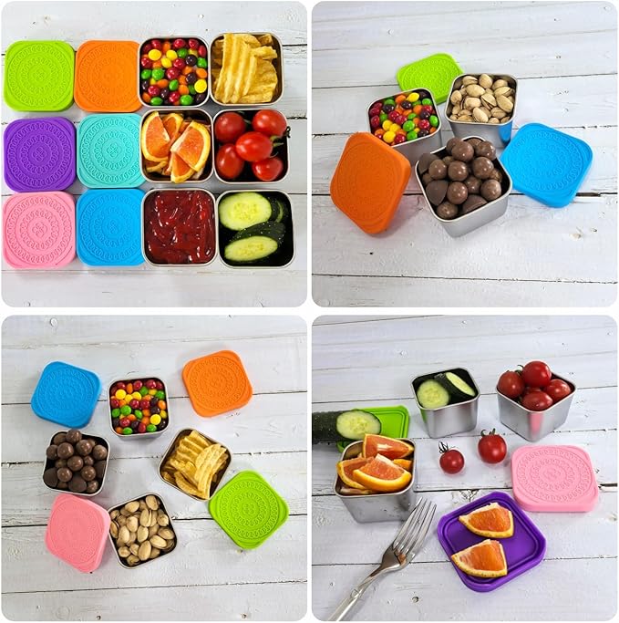F.Y.Dreams 304 Stainless Steel Snack Containers for Kids, (6oz, Set of 6) Stackable Small Food Containers with Leakproof Silicone Lids, Metal Toddler Lunch Boxes for Daycare and School