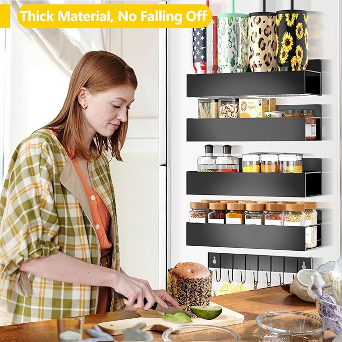 Magnetic Spice Rack Organizer for Fridge Seasoning Organizer for Kitchen storage with Screw or Adhesive Hanging,Magnetic Shelf with Hook for Refrigerator and Oven (Black-non-hollow, 4pack)