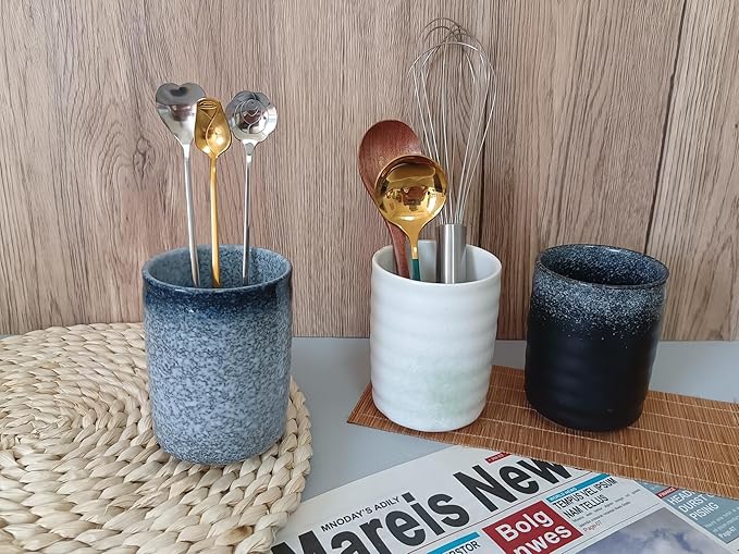 Stoneware Coffee Spoon Holder for Coffee Bar Accessories, Tea Spoon Holder Jar Teaspoon Holder Coffee Stirrers Holder Coffee Spoon Cup, Coffee Stir Stick Holder Small Utensil Holder (Spring Sprout)