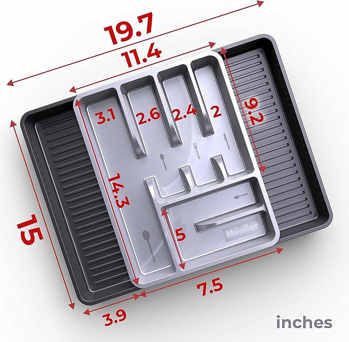 Mueller Flatware Kitchen Drawer Organizer, 19.7" x 15" Silverware Organizer, 6 Compartments, Heavy-Duty, Cutlery Tray for Utensils or Stuff, Dining Room, Living Room, Large, Grey