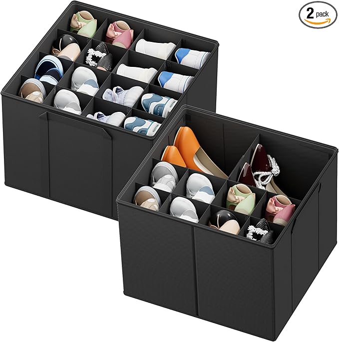 SpaceAid Shoe Organizer for Closet, 2 Pack Foldable Shoe Storage Containers Baskets Boxes Bins w/Adjustable Dividers, Fits 16-32 Pairs, Black