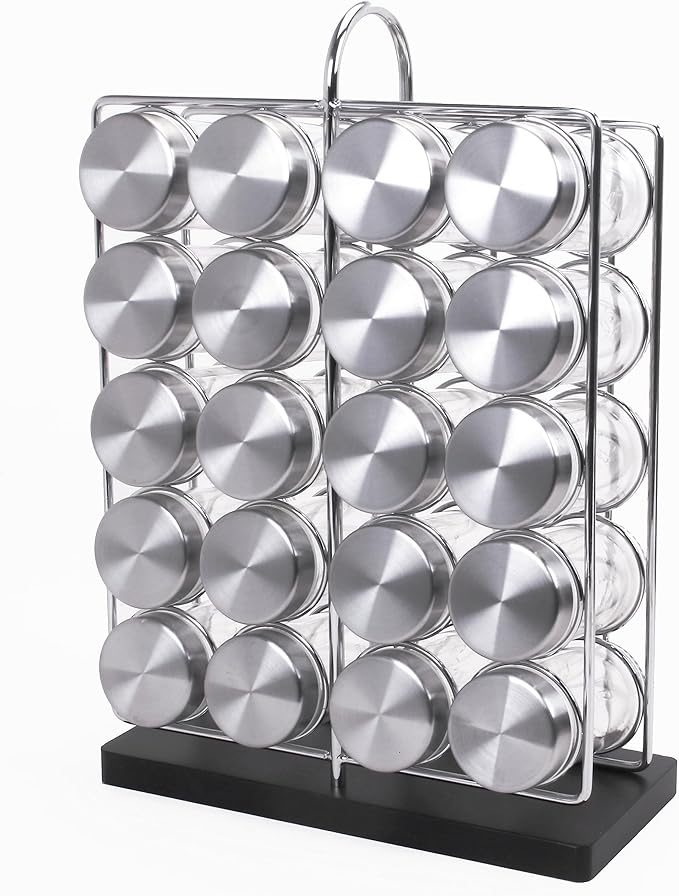 Orii 20 Jar Chrome Wire Spice Rack with Bamboo Base | Includes Silicone Funnel | 160 Preprinted + 20 Blank Spice Labels Included | Compact and Minimalistic Kitchen Pantry Spice Organizer Rack