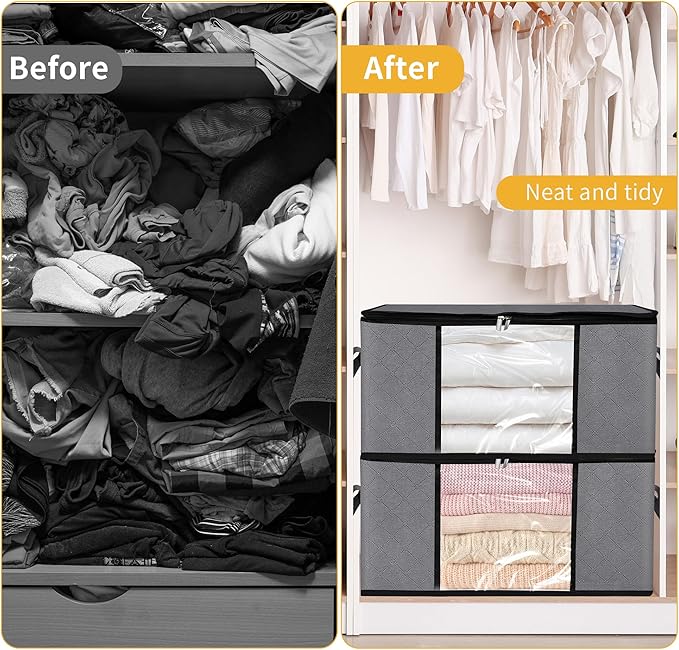 2 Pack Clothes Organizer Storage Bags with Zipper, 45L Foldable Blanket Storage Box with Clear Window Sturdy Handles for Closet, Dorm, Pillows, Bedding, Sweater, Clothing, Gray
