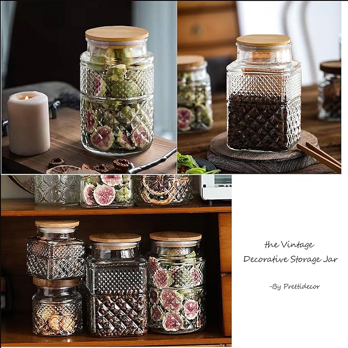 Large Glass Storage Jar, 60 FL OZ Glass Food Storage Containers with Bamboo Lid, Kitchen Containers Cereal Canisters Decorative Jar for Candy Snack Cookies Coffee Tea Nuts Airtight Glass Jars (Round)