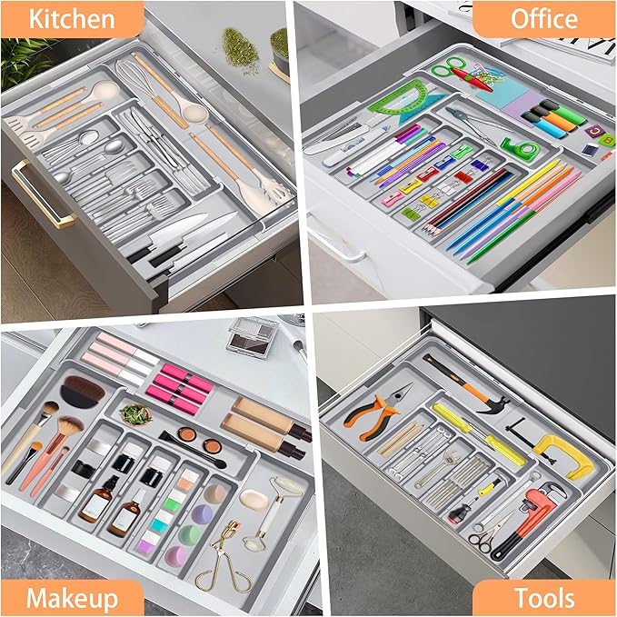 Silverware Organizer Expandable Kitchen Drawer Organizer Adjustable 22"x 19" Utensil Organizer with Rubber Feets Cutlery Drawer Organizer for Spoons Forks Knives Kitchen Organizers and Storage Grey