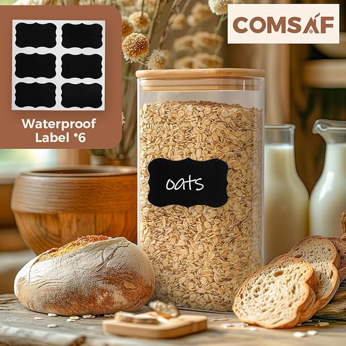 ComSaf 54oz Rectangle Glass Containers with Lids, Glass Jars with Bamboo Lids, Clear Food Storage Jar, Sugar Coffee Containers, Pantry Storage for Pasta Rice Flour Oats Nuts Tea
