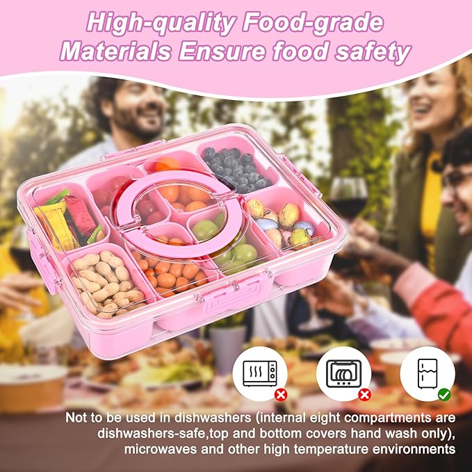 Snackle Box Container, 8 Compartment Divided Serving Tray with Lid and Handle, Snack Box Container for Candy, Fruit and Snacks, Great for Gatherings, Outings, Parties and Entertaining(Pink)
