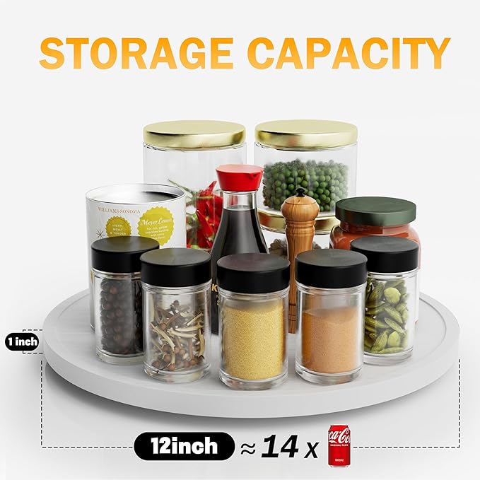 Lazy Susan Organizer Homerays 12 Inch Non-Skid Bamboo Lazy Susan for Kitchen Rotating Spice Rack for Kitchen Cabinet, Wood Turntable for Kitchen Countertop Organizer White