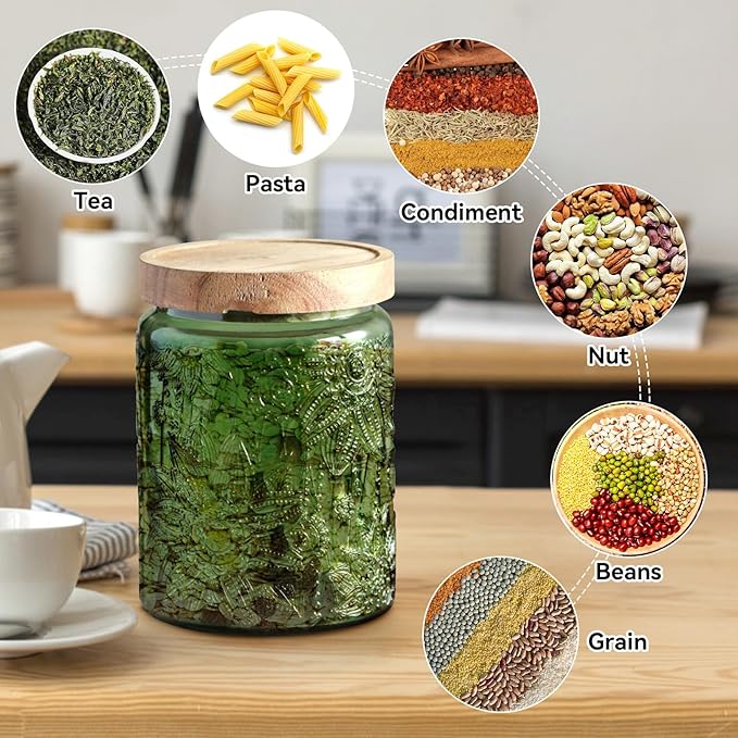 Vintage Glass Jar with Lid,Cookie Candy Jar Coffee Canister Food Storage Containers Storage Jar Set for Kitchen Office (Green garden - acacia)