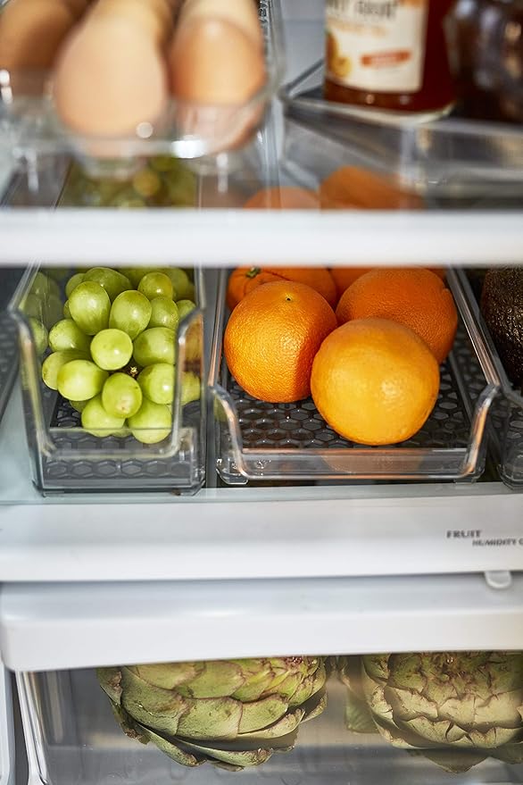 Spectrum Diversified Hexa in-Fridge Large Refrigerator Bin for Storage and Organization of Fruit Vegetables Produce and More, 15" D x 3.5" Wx 4" H, Clear/Dark Gray
