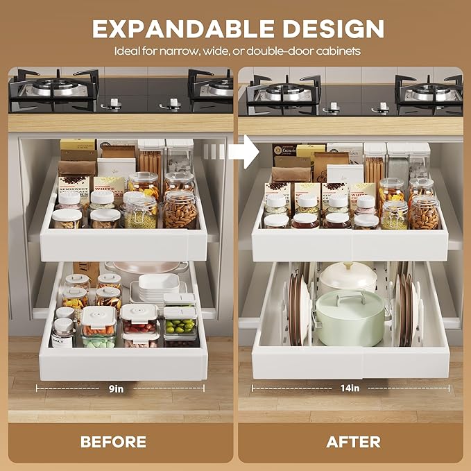 2 Pack Pull out Cabinet Organizer 21" Deep With Raising Pad for Framed Cabinets, Expandable Slide out Drawers for Kitchen Cabinets with 4pcs Divider Racks, Roll out Shelves 9"-14" W White