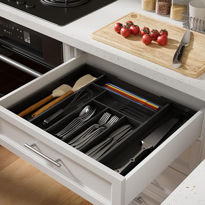 Silverware Organizer Utensil Drawer Organizer - Bamboo Silverware Drawer Organizer Expandable 8 Slots Flatware Organizer For Kitchen Utensils, Art Set, Cosmetic Tools W12.7-19" x L17.2" (Black)