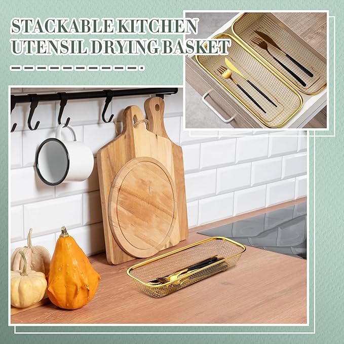 4 Pcs Gold Kitchen Drawer Baskets Stainless Steel Storage Container Mesh Storage Golden Utensil Holder Wire Basket Stackable Drying, 12 x 5 x 2 Inch