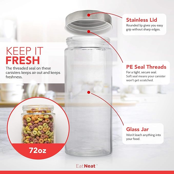 EatNeat Set of 4 Glass Canisters with Stainless Steel Lids - Sleek Airtight Glass Storage Containers for Flour, Sugar, Coffee, and Snacks, Essential for Kitchen Organization, Clear, Various Sizes