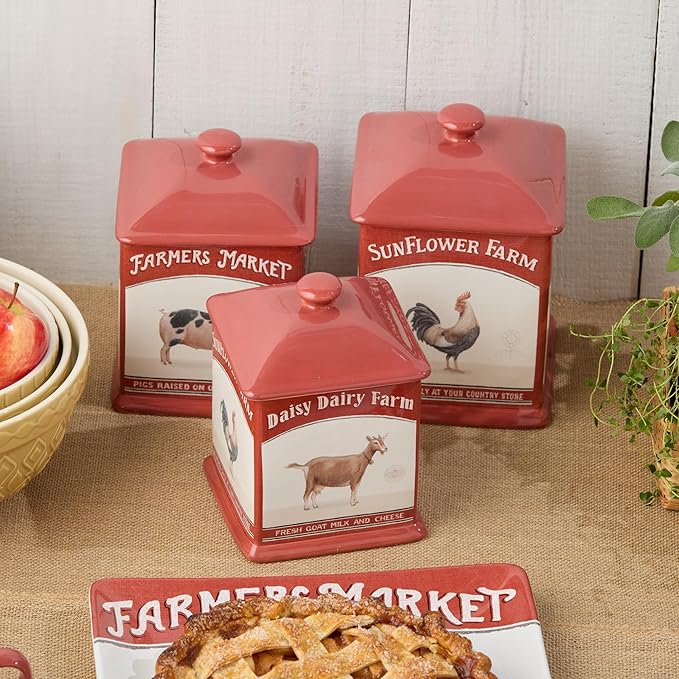 Vintage Farm Square Canister Set, 3-Piece, Includes 52 oz, 72 oz & 90 oz Sizes, Farmers Market Design with Farm Animals, Durable Ceramic, Rustic Farmhouse Kitchen Storage for Coffee, Sugar & Flour