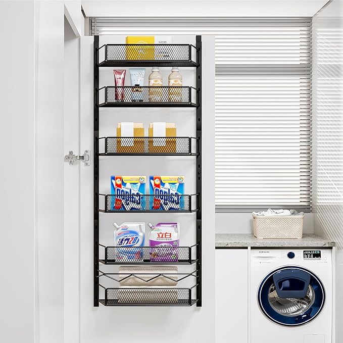 Over The Door Pantry Organizer, 6-Tier Pantry Organization and Storage,Adjustable Hanging Spice Rack Shelves, Cabinet Door Organizer for Easy Install, Home & Kitchen Essentials, Black