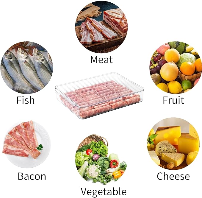 vacane 2 Pack Deli Meat Container for Fridge, Bacon Container with Lids for Refrigerator Fruit, Cold Cuts, Cheese Keeper Marinade Tray, Stackable Freezer Storage Containers