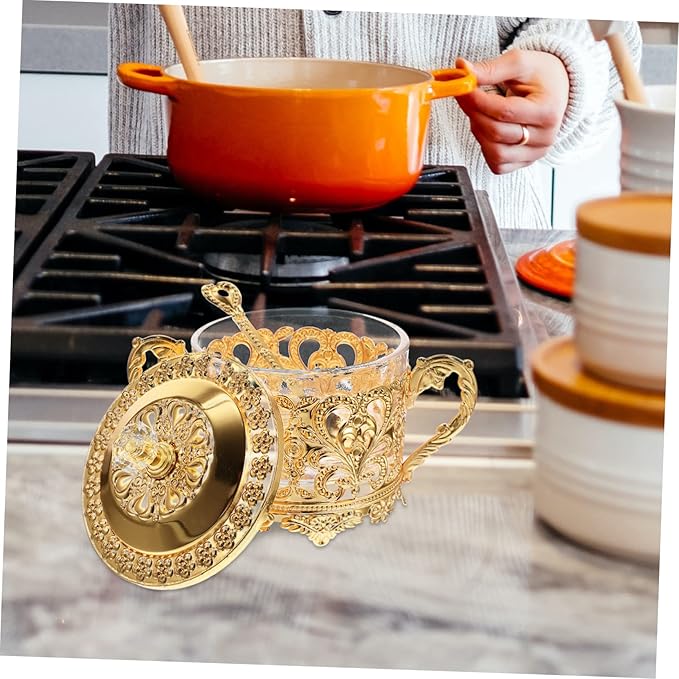 UPKOCH Turkish Sugar Bowl with Lid and Spoon Golden Iron & Glass Condiment Storage Jar - Vintage European Style Multi-Purpose Kitchen Canister for Coffee Bar, Wedding Party, Candy Cookie Honey Spice