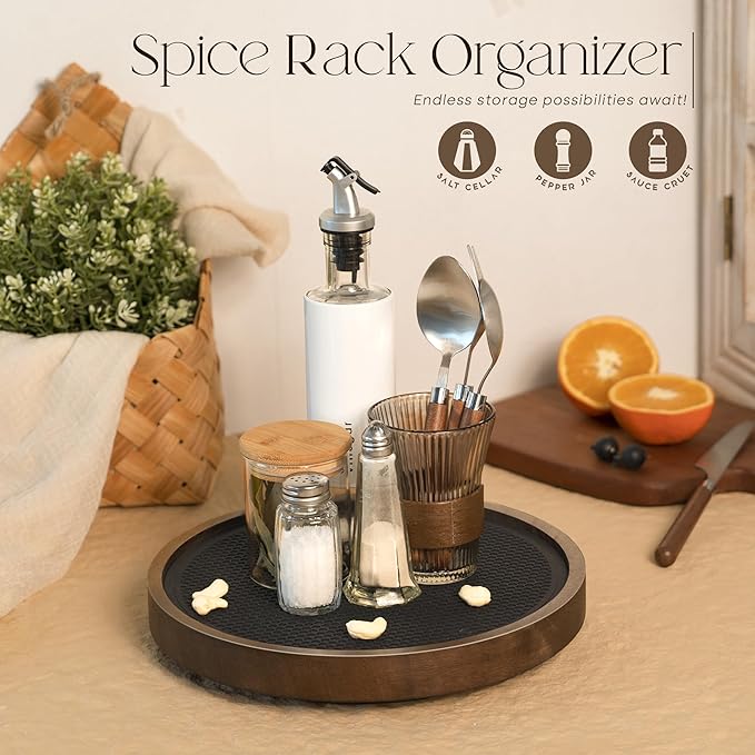 EOSAHR Wood Non-Skid Lazy Susan Organizer Turntable for Home Decor – Farmhouse 10.5" Lazy Susan Turntable for Cabinet, Spice Rack and Coffee Table - Stylish Organization and Storage Solution (Brown)