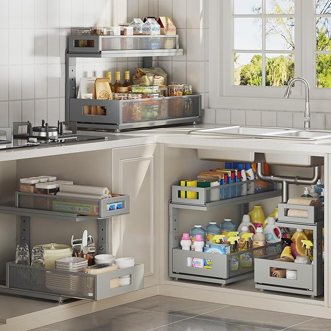 2 Pack 18.5IN-Depth Under Sink Organizer With Next-Gen Ball-Bearing Slides,2-Tier Pull Out Cabinet Storage,Height Adjustable Drawer Shelf for Bathroom,Kitchen,Laundry,Cabinet,Pantry-Gun Gray