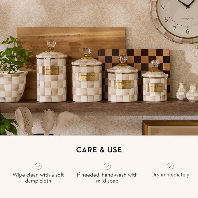 MACKENZIE-CHILDS Large Enamel Canister, Kitchen Storage Container with Lid, Brown-and-White Mocha Check