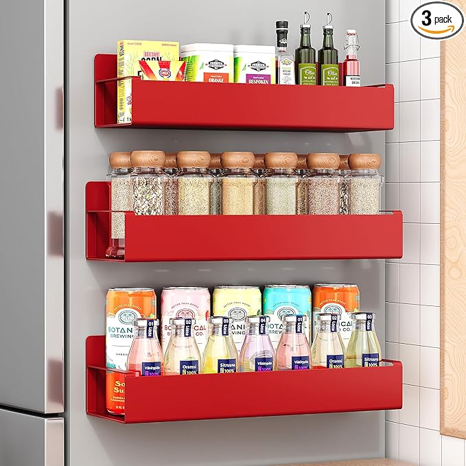 3 Pack Moveable Fridge Magnetic Spice Racks,Metal Red