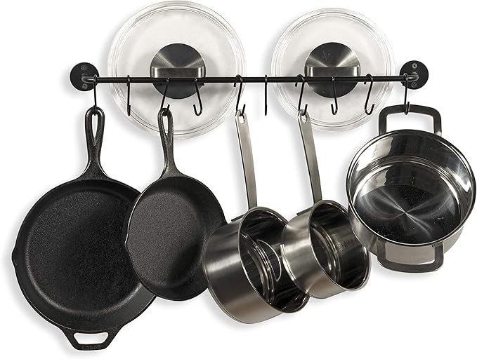 Wallniture 24" Gourmet Kitchen Rail for with 10 S Hooks for Hanging Utensils, Pot Pan Lid Rack Storage Organizer Set, Steel, Black