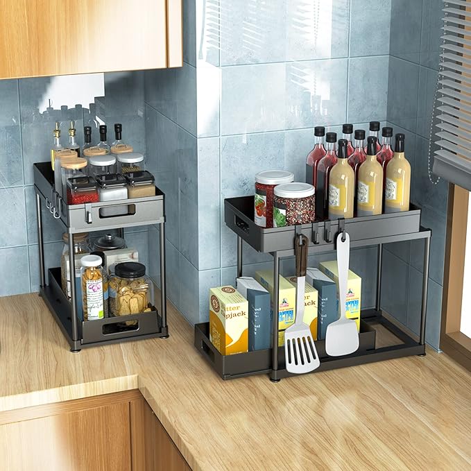 Under Sink Organizers and Storage, 2 Pack Large Capacity Heavy Load Double Pull-out Under Sink Shelves with Sliding Drawer for Kitchen and Bathroom, Black
