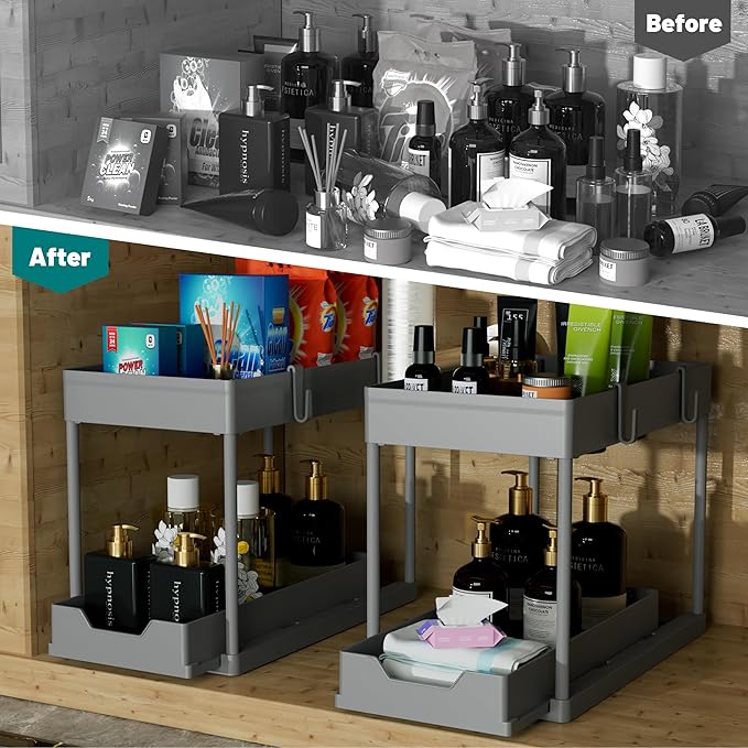 Under Sink Organizer 2 Pack,Bathroom Cabinet Organizer,2 Tier Sliding Cabinet Basket Organizer Drawer, Multi-Purpose Bath Collection Baskets for Bathroom (Grey)