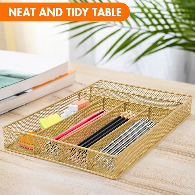 Kitware Silverware drawer organizer, Gold Kitchen Utensil Mesh Metal, Living Room Bedroom Beauty Item Dividers