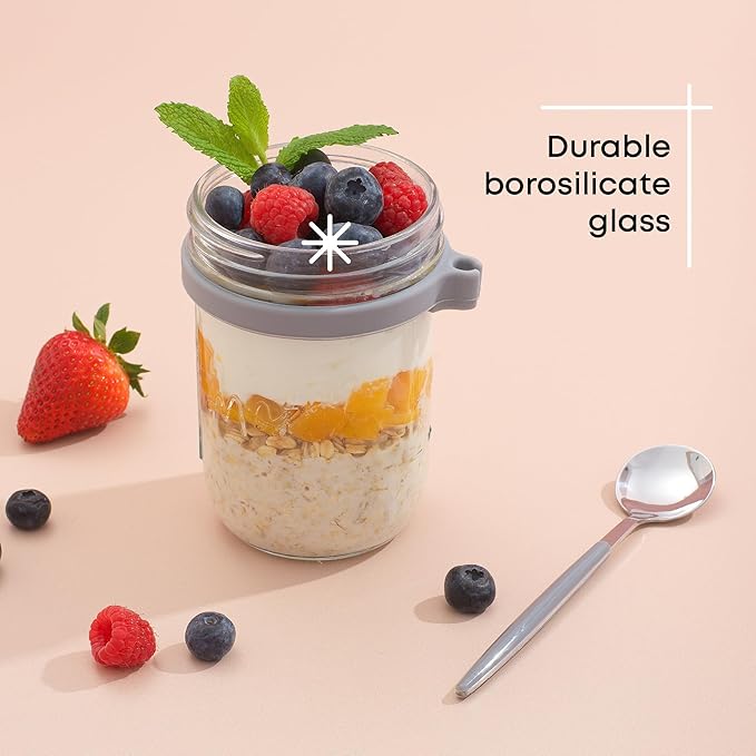 JoyJolt 3-Pack Overnight Oats Containers with Lids and Spoons Set, 16 oz Mason Jars for Overnight Oats, Chia Pudding Jars - BPA-Free, Leak Proof Small Containers for Meal Prep