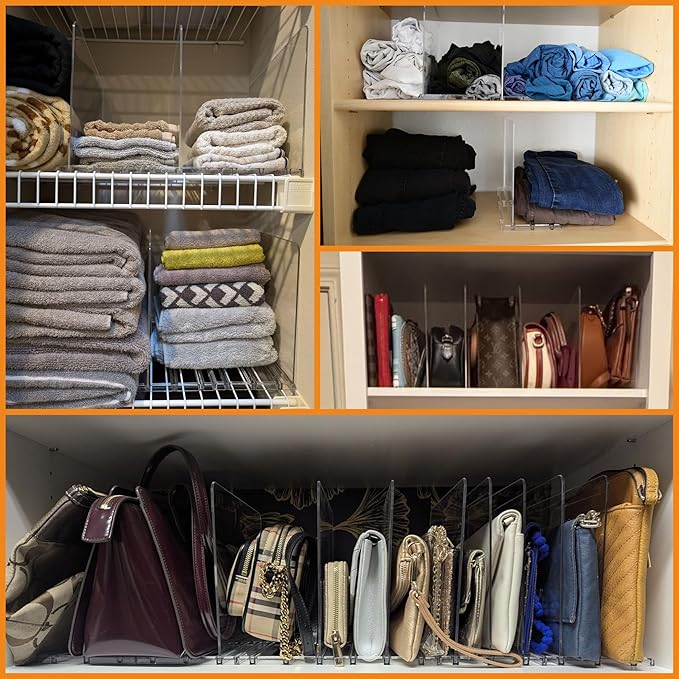 Yieach 16Pack Acrylic Clear Shelf Dividers for Closet Organization -Suitable for Wire Shelves,Cupboard- Bag,Purse Dividers and Handbag Organizer,Vertical Shelf Separators in Closet for Sweater,T Shirt